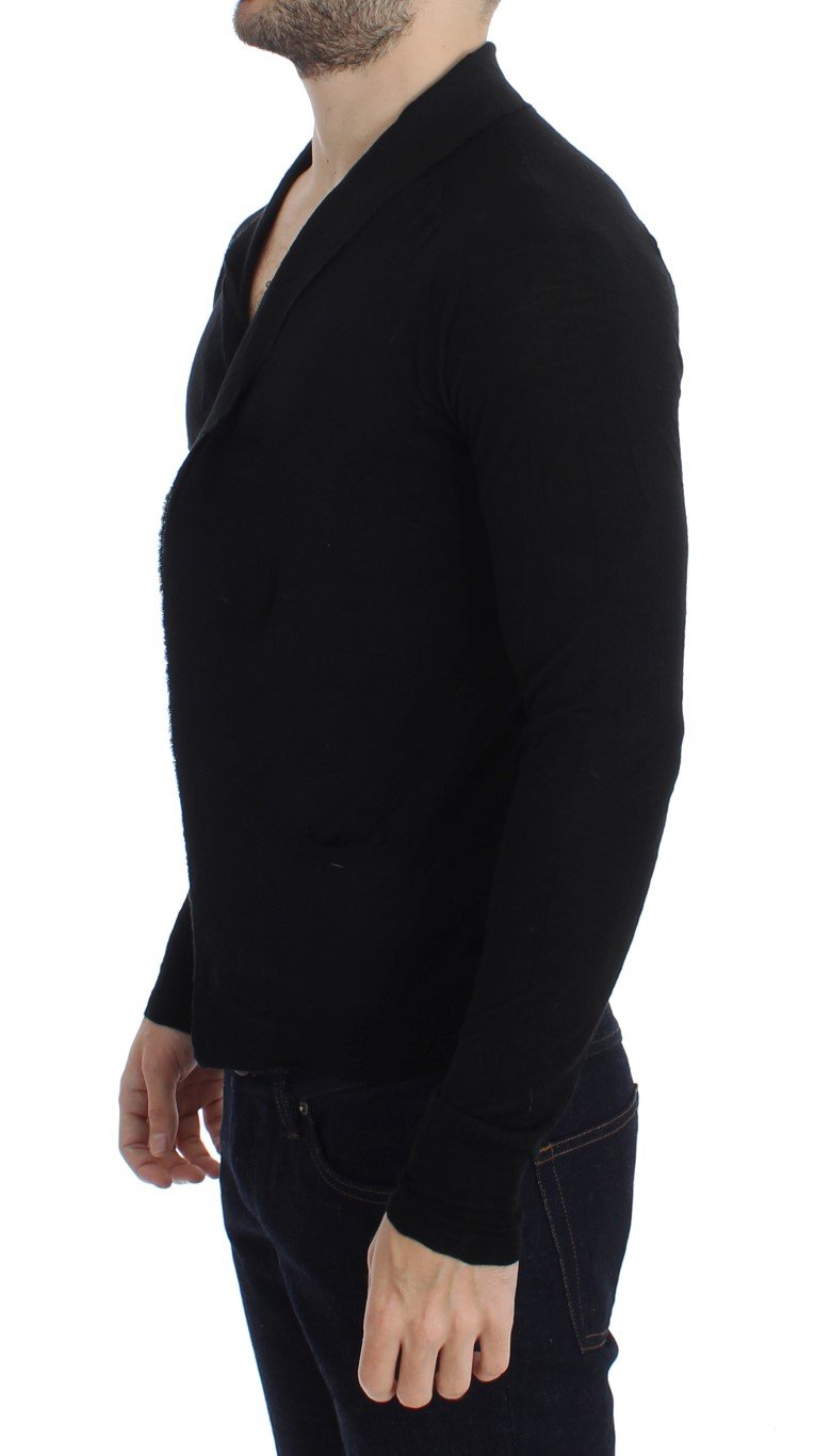 Black Fine Wool Button Cardigan