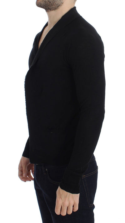 Black Fine Wool Button Cardigan