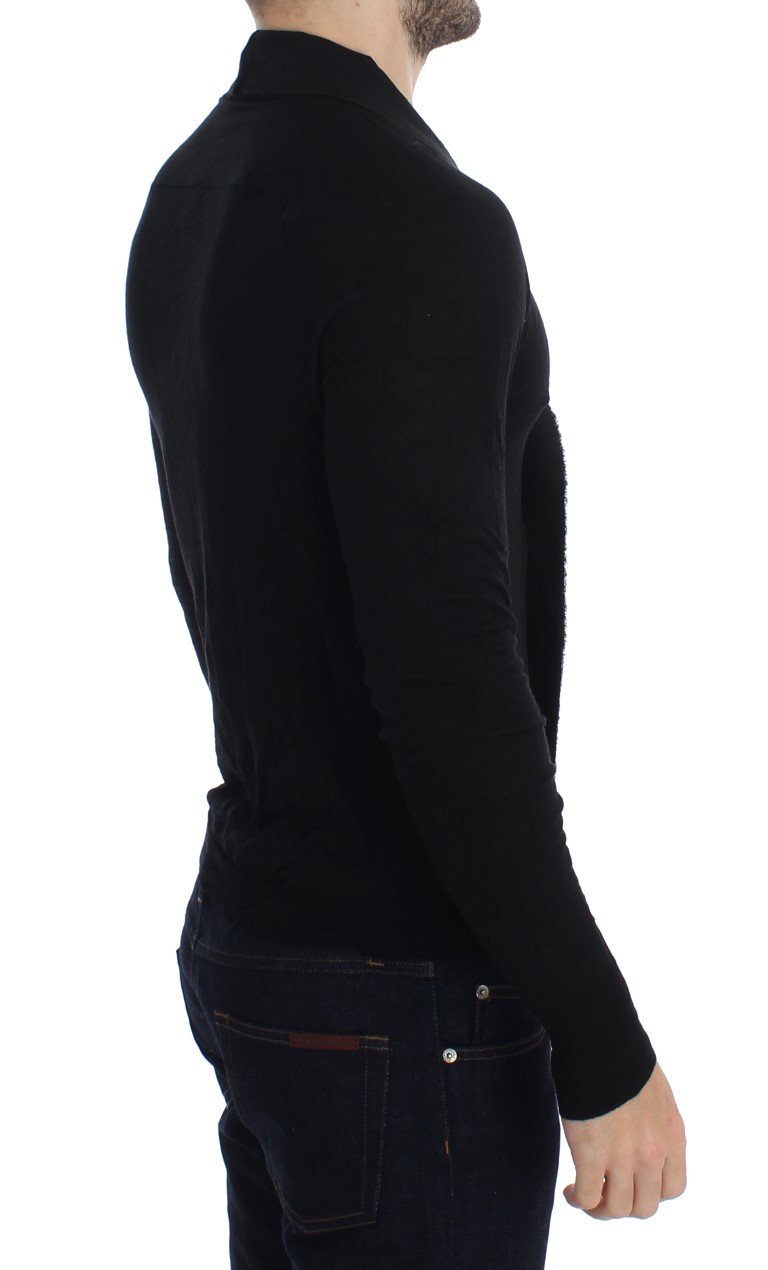 Black Fine Wool Button Cardigan