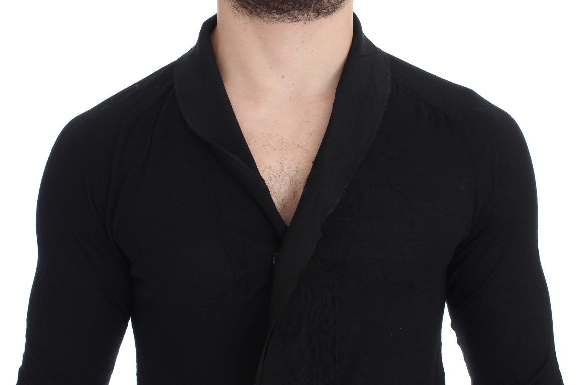 Black Fine Wool Button Cardigan