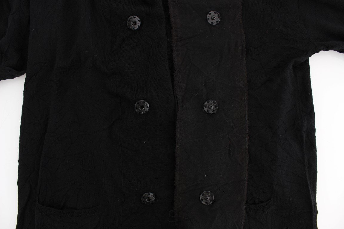 Black Fine Wool Button Cardigan