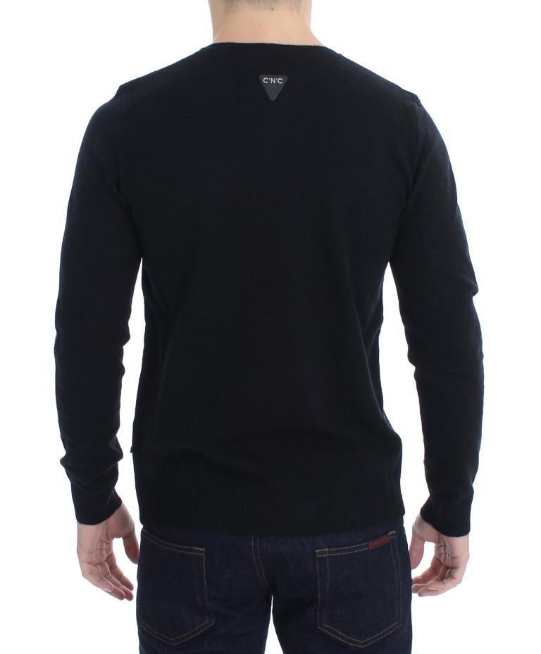 Black Gray Star Print V-neck Sweater