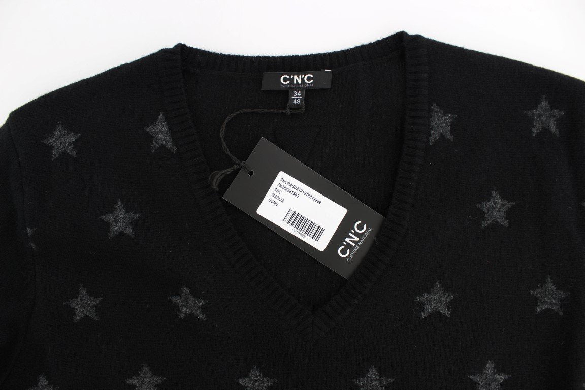 Black Gray Star Print V-neck Sweater