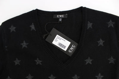 Black Gray Star Print V-neck Sweater