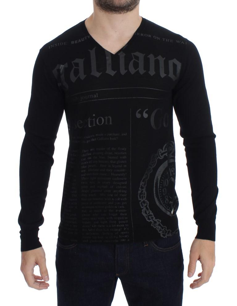 Black Newspaper Print Wool V-neck Sweater