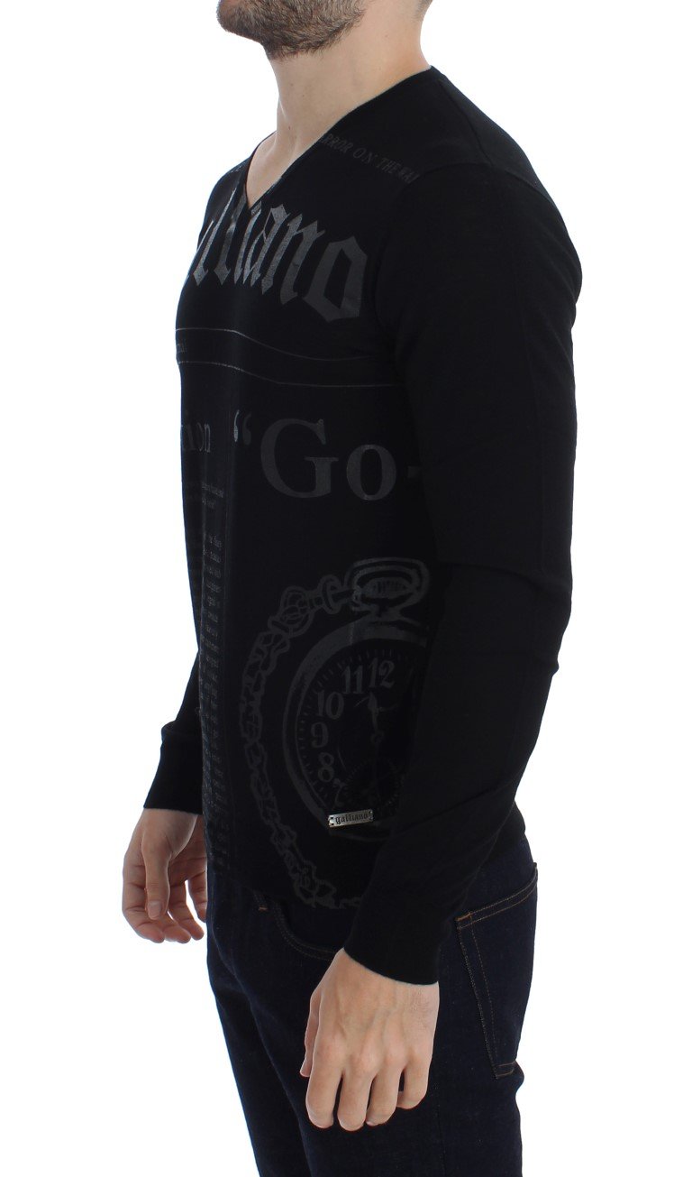 Black Newspaper Print Wool V-neck Sweater