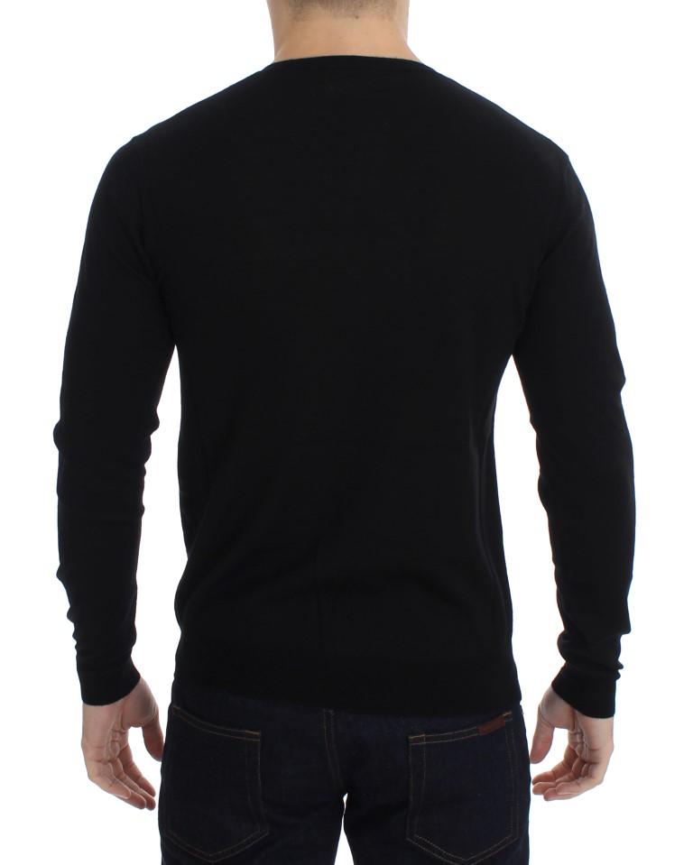 Black Newspaper Print Wool V-neck Sweater