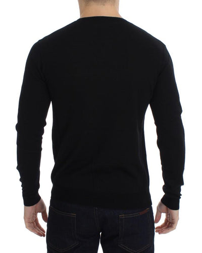 Black Newspaper Print Wool V-neck Sweater