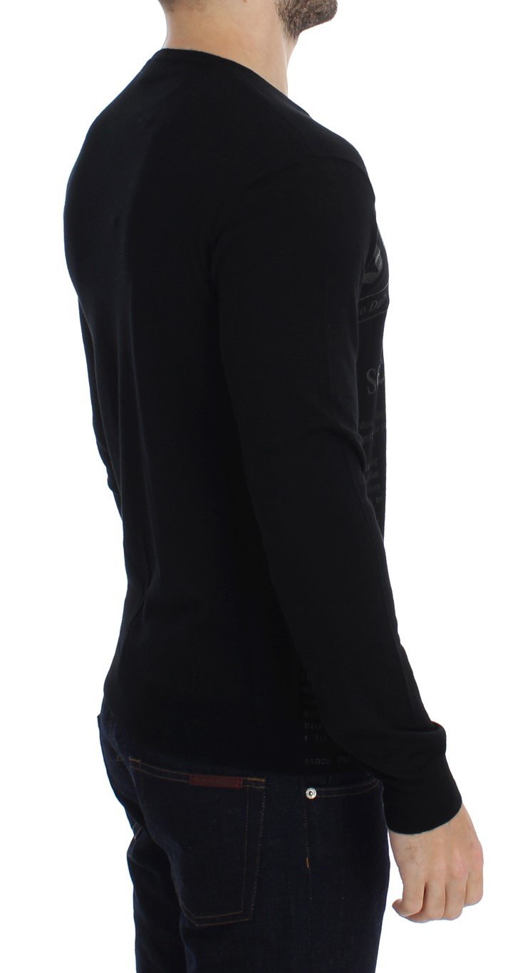 Black Newspaper Print Wool V-neck Sweater