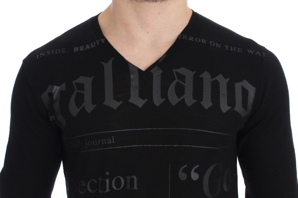 Black Newspaper Print Wool V-neck Sweater