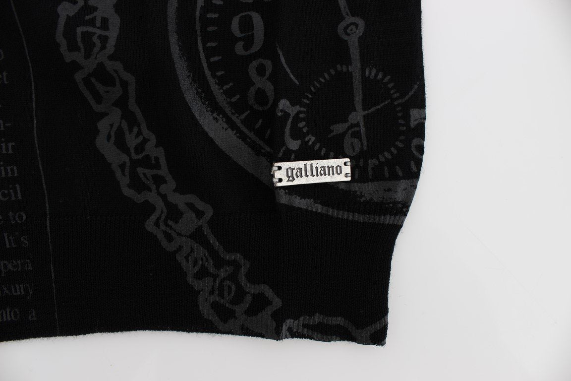 Black Newspaper Print Wool V-neck Sweater