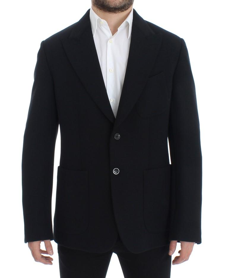 Black wool stretch two button blazer