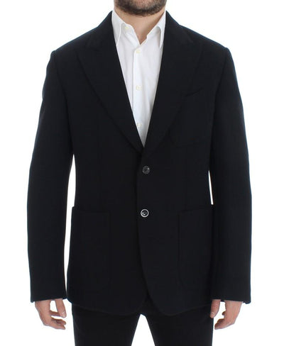 Black wool stretch two button blazer