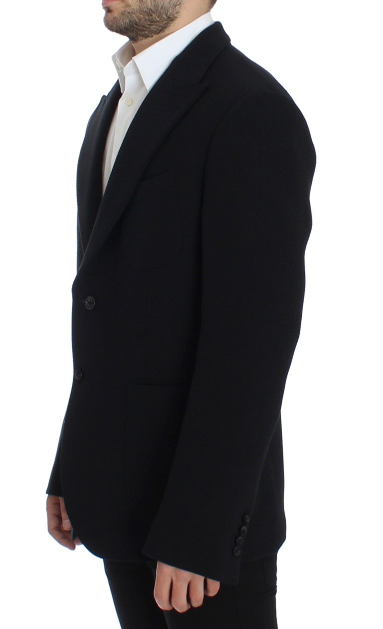Black wool stretch two button blazer