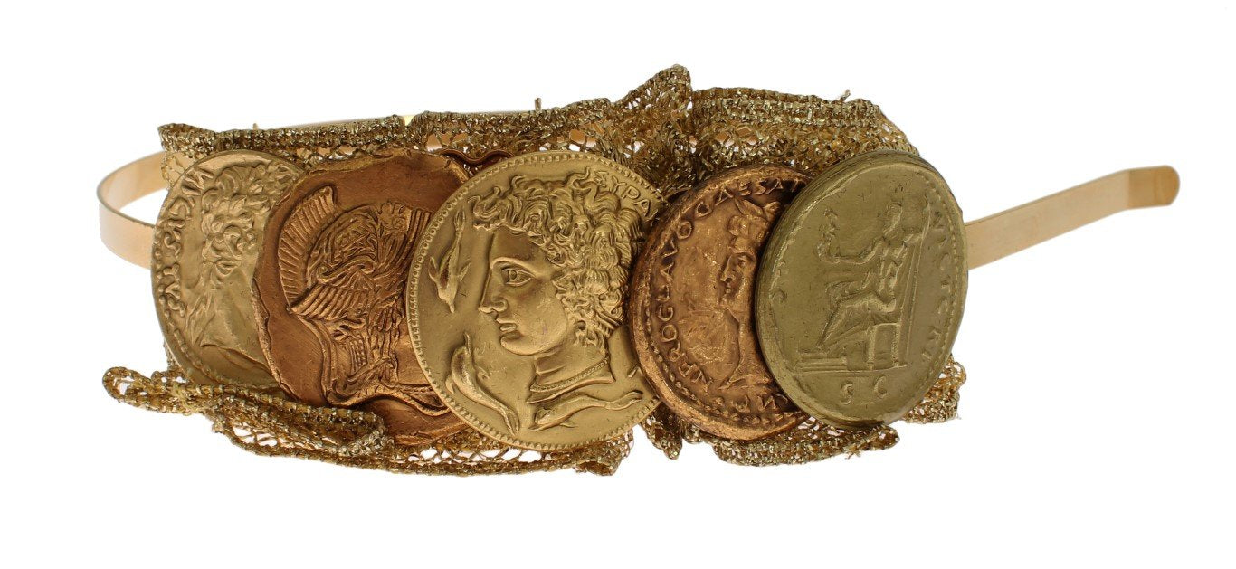 Gold Brass Roman Coin Sicily Lace Headband Hair Diadem