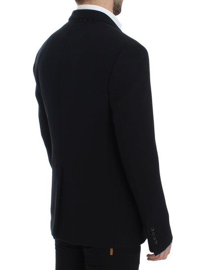 Black wool stretch two button blazer