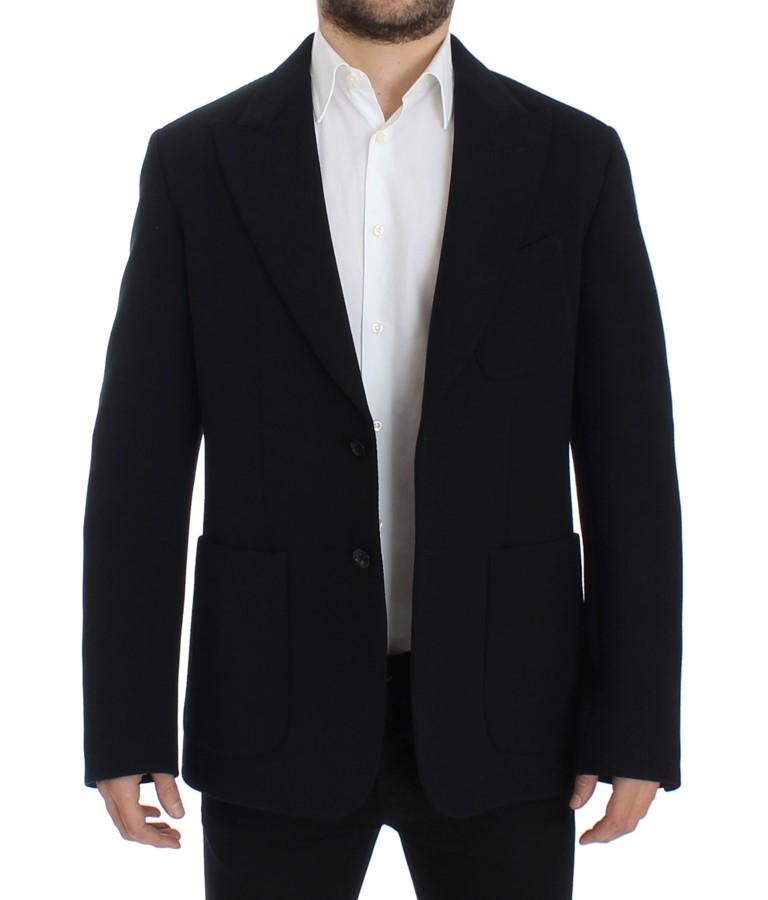 Black wool stretch two button blazer
