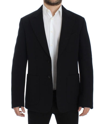 Black wool stretch two button blazer