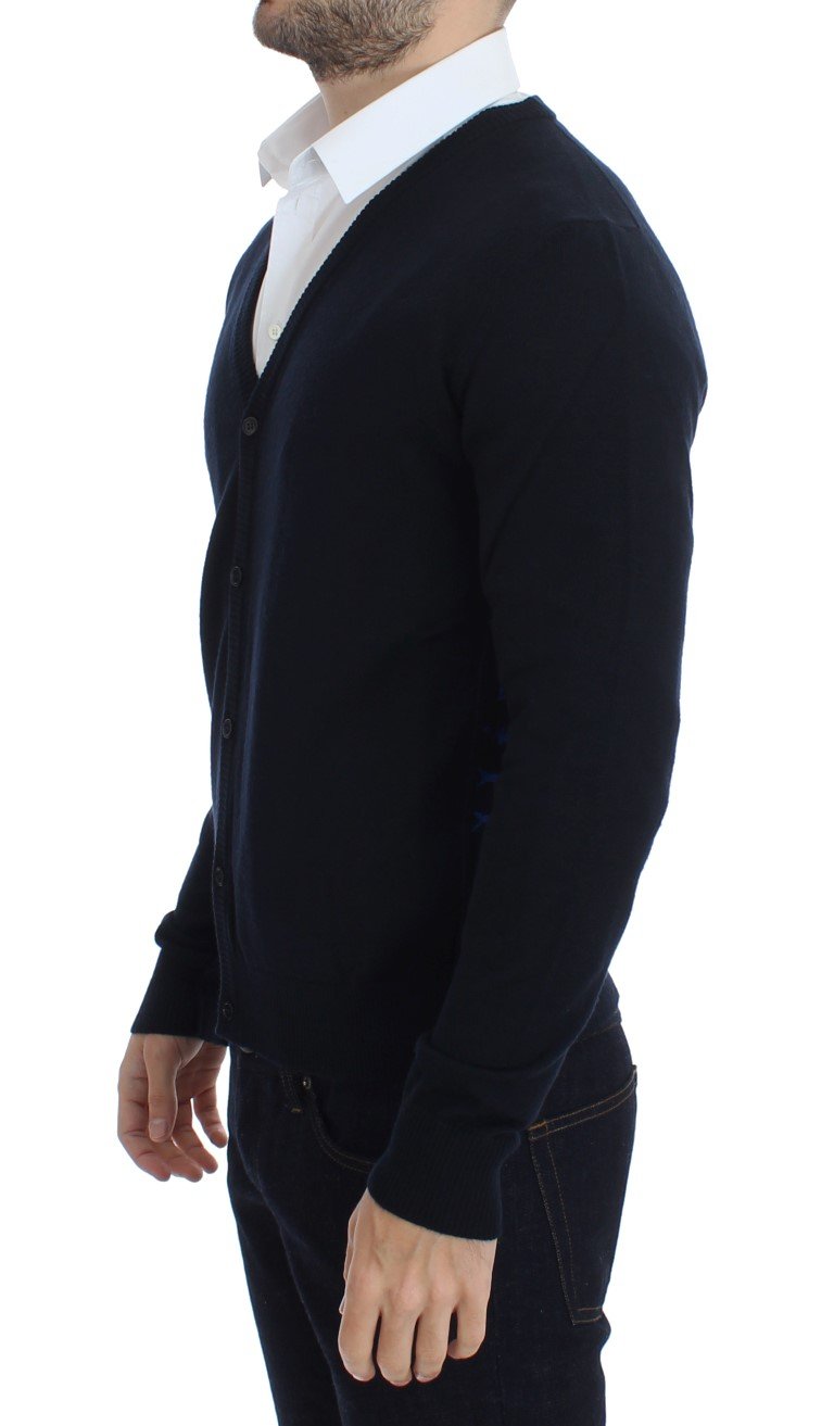 Blue Wool Button Down Logo Cardigan