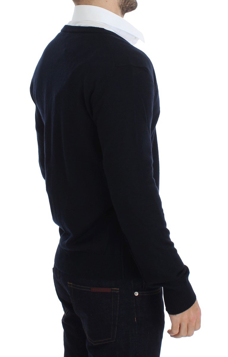 Blue Wool Button Down Logo Cardigan