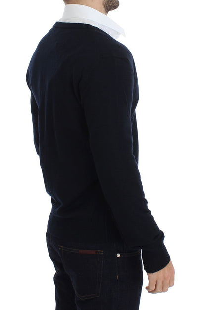 Blue Wool Button Down Logo Cardigan