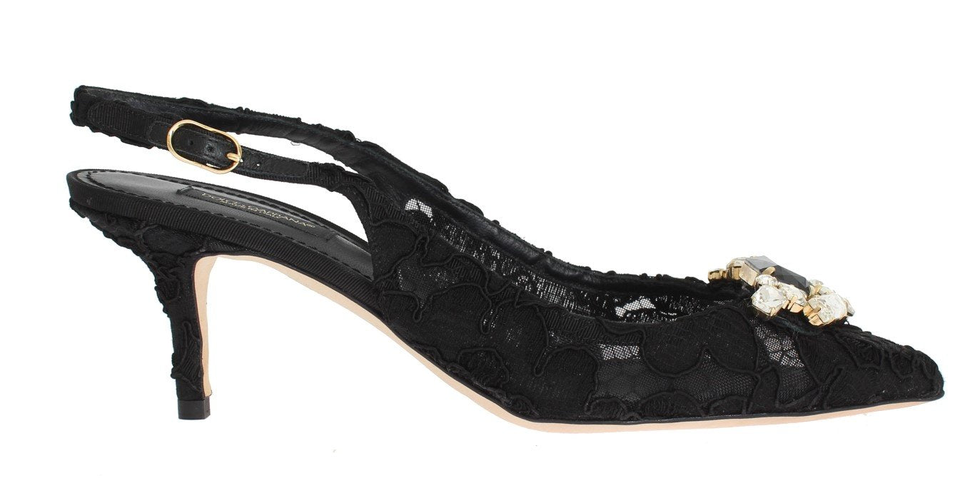 Black Floral Taormina Lace Crystal Slingbacks