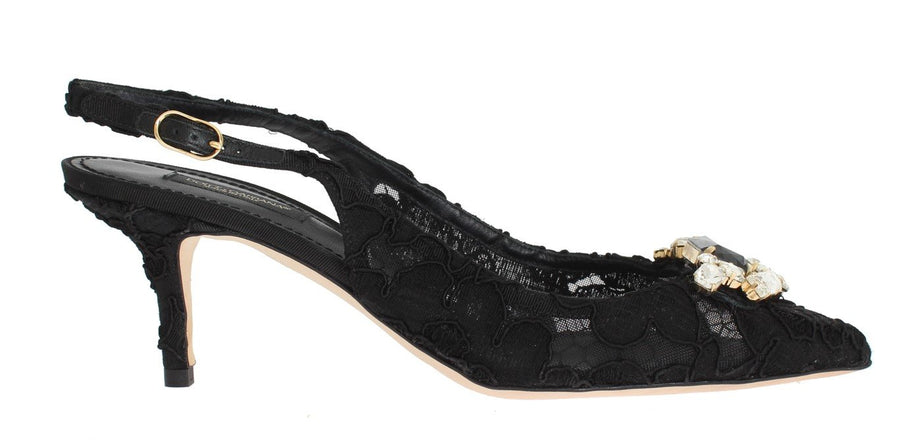 Black Floral Taormina Lace Crystal Slingbacks