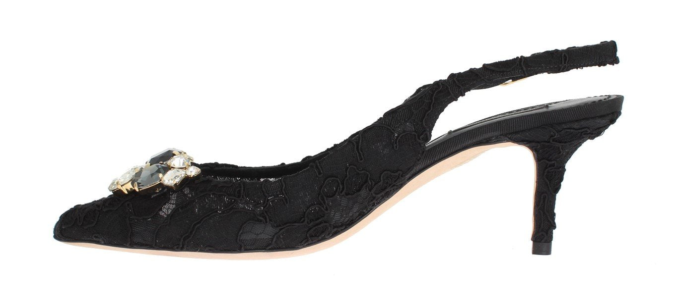 Black Floral Taormina Lace Crystal Slingbacks