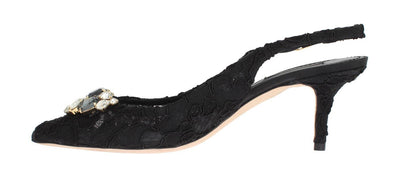 Black Floral Taormina Lace Crystal Slingbacks
