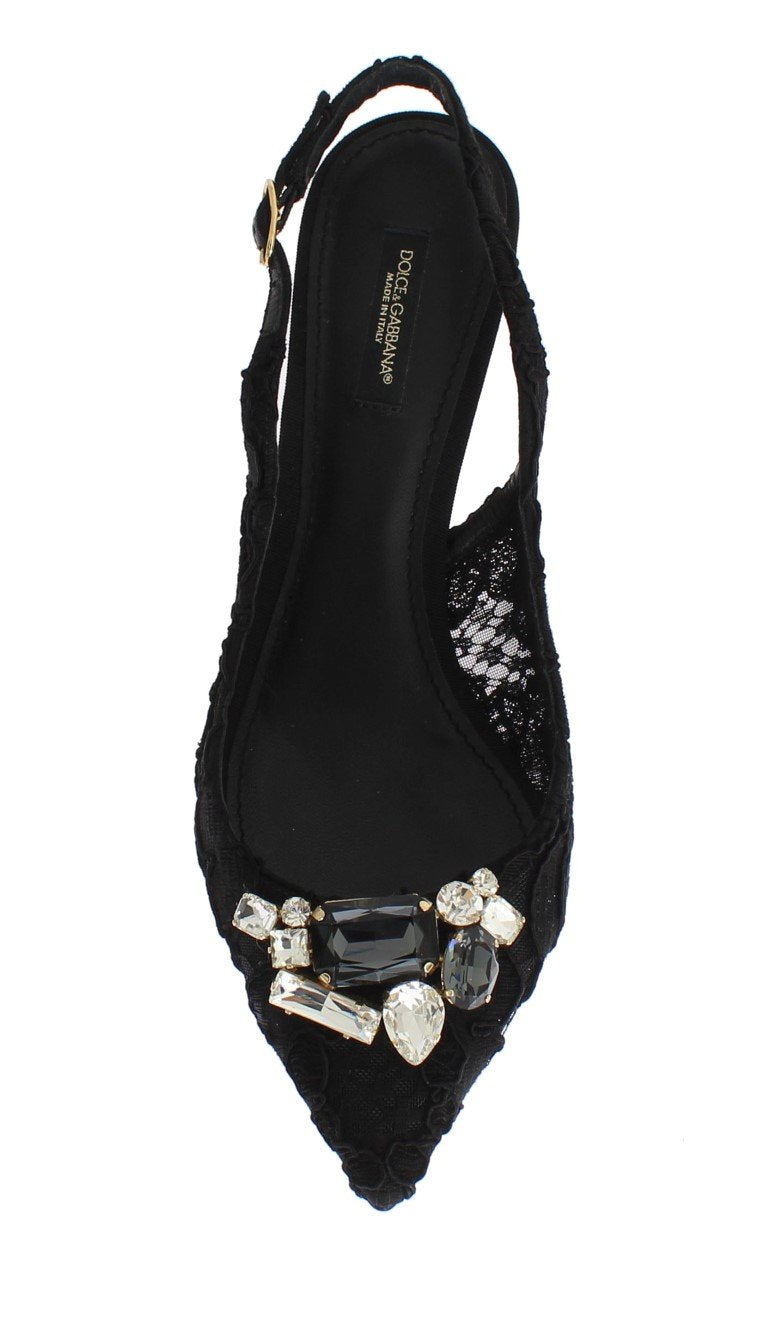 Black Floral Taormina Lace Crystal Slingbacks