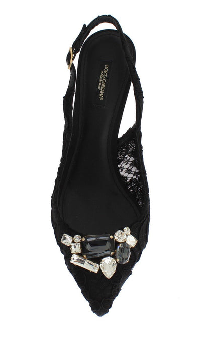 Black Floral Taormina Lace Crystal Slingbacks