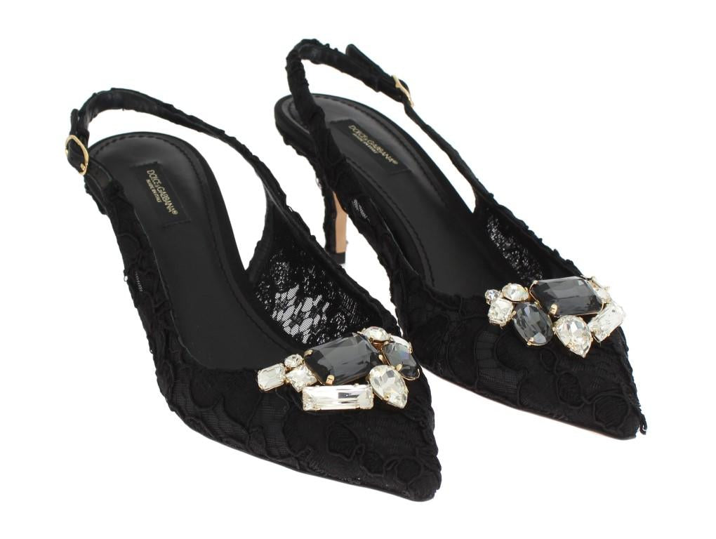 Black Floral Taormina Lace Crystal Slingbacks