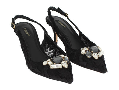 Black Floral Taormina Lace Crystal Slingbacks