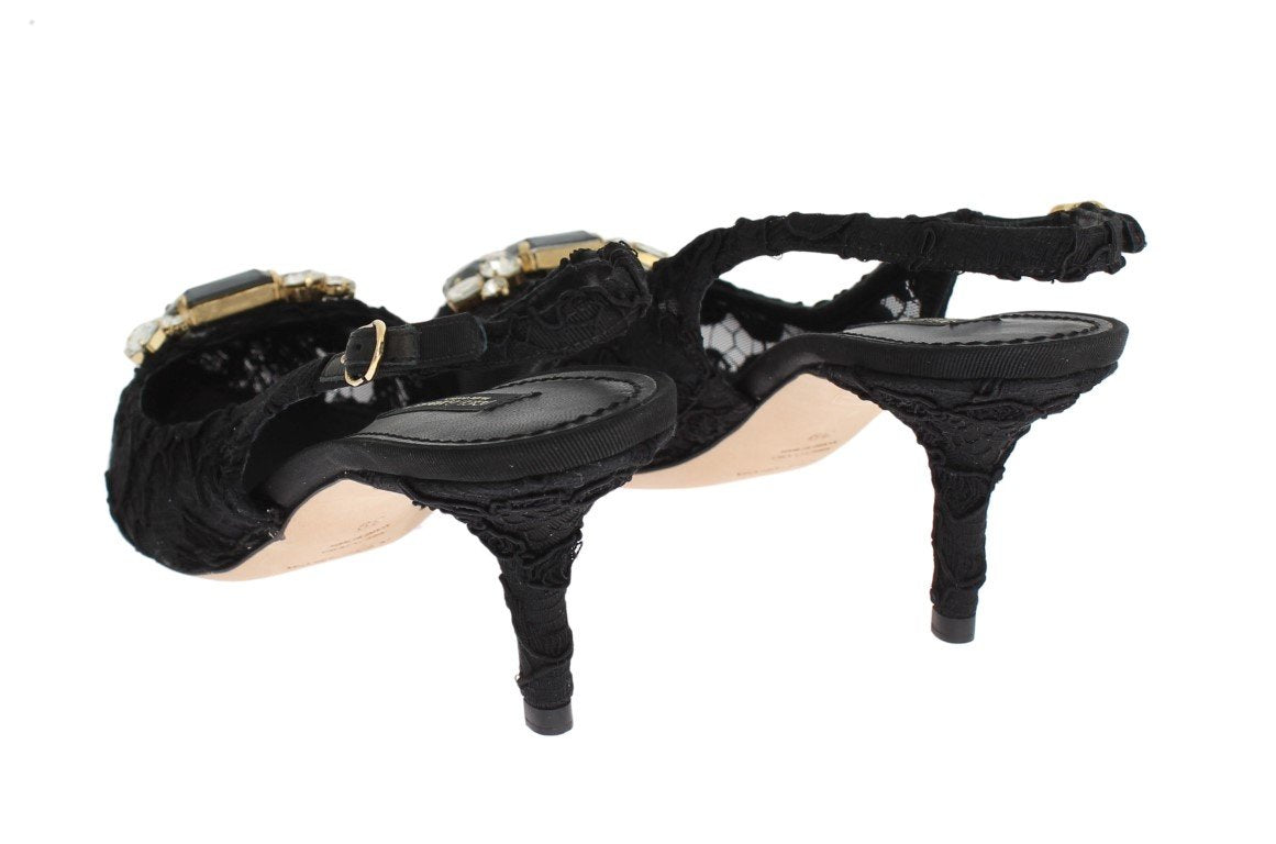 Black Floral Taormina Lace Crystal Slingbacks