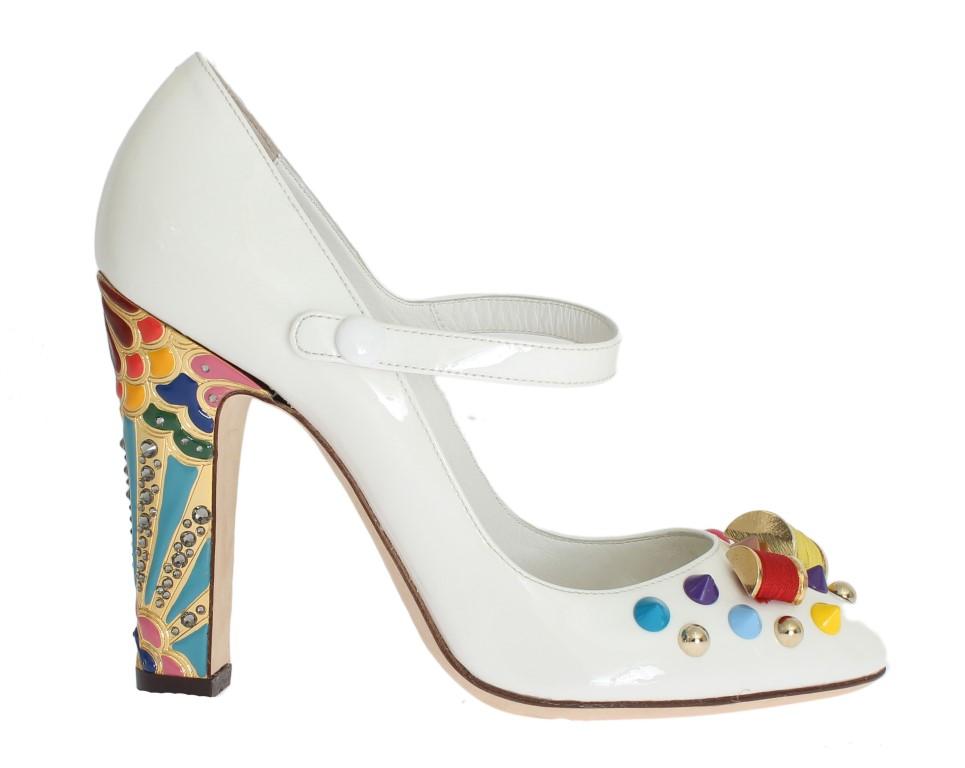 White Leather Crystal Studded Mary Janes Pumps