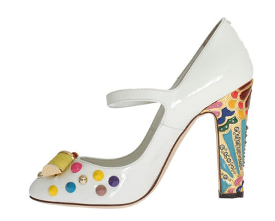 White Leather Crystal Studded Mary Janes Pumps