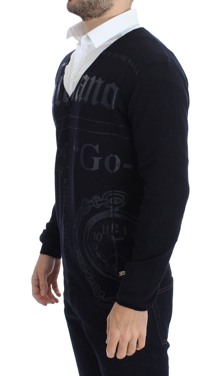Black Wool Button Down Logo Cardigan