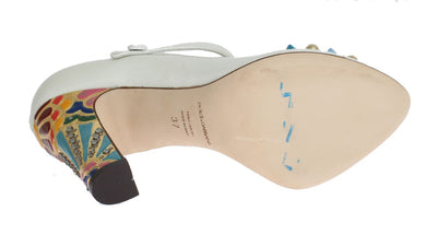 White Leather Crystal Studded Mary Janes Pumps