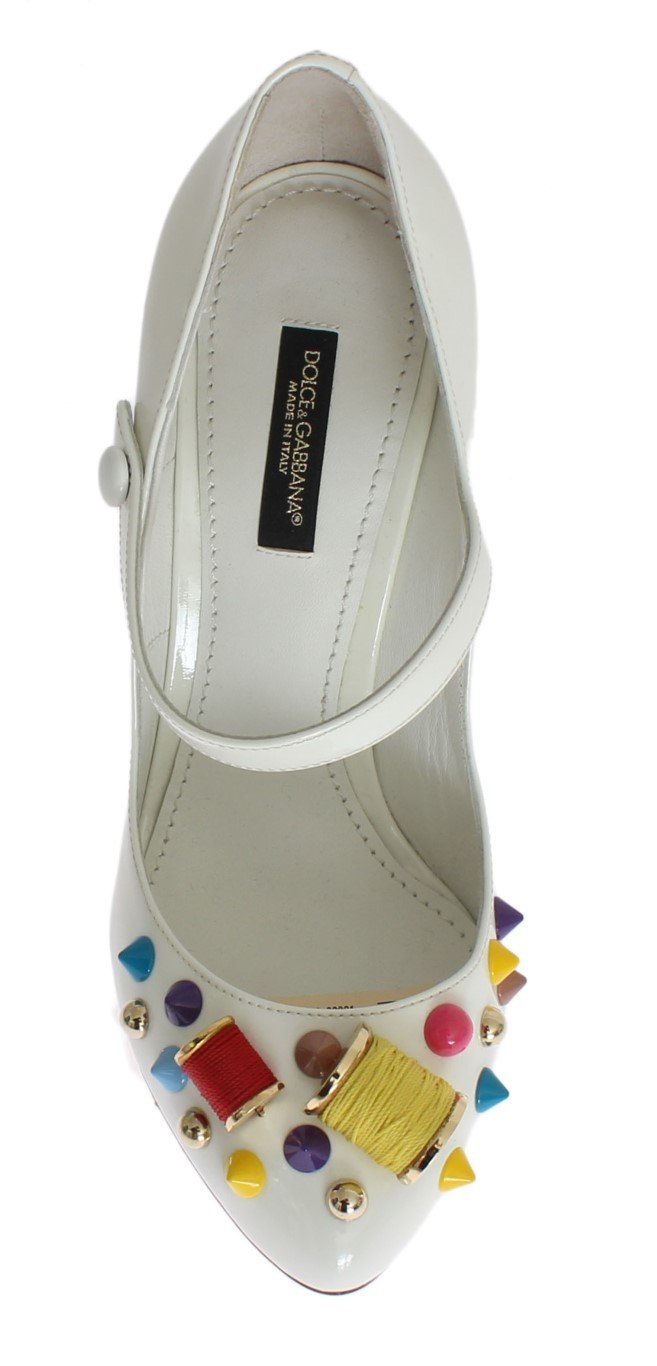 White Leather Crystal Studded Mary Janes Pumps