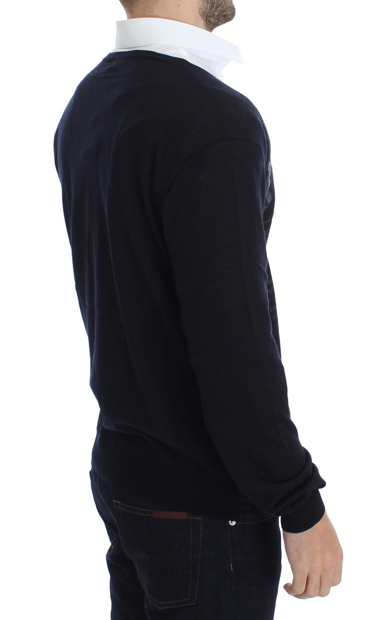 Black Wool Button Down Logo Cardigan