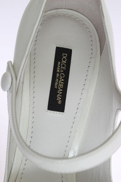 White Leather Crystal Studded Mary Janes Pumps