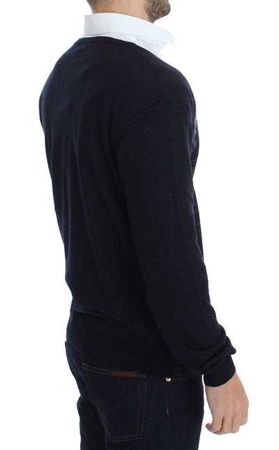 Black Wool Button Down Logo Cardigan
