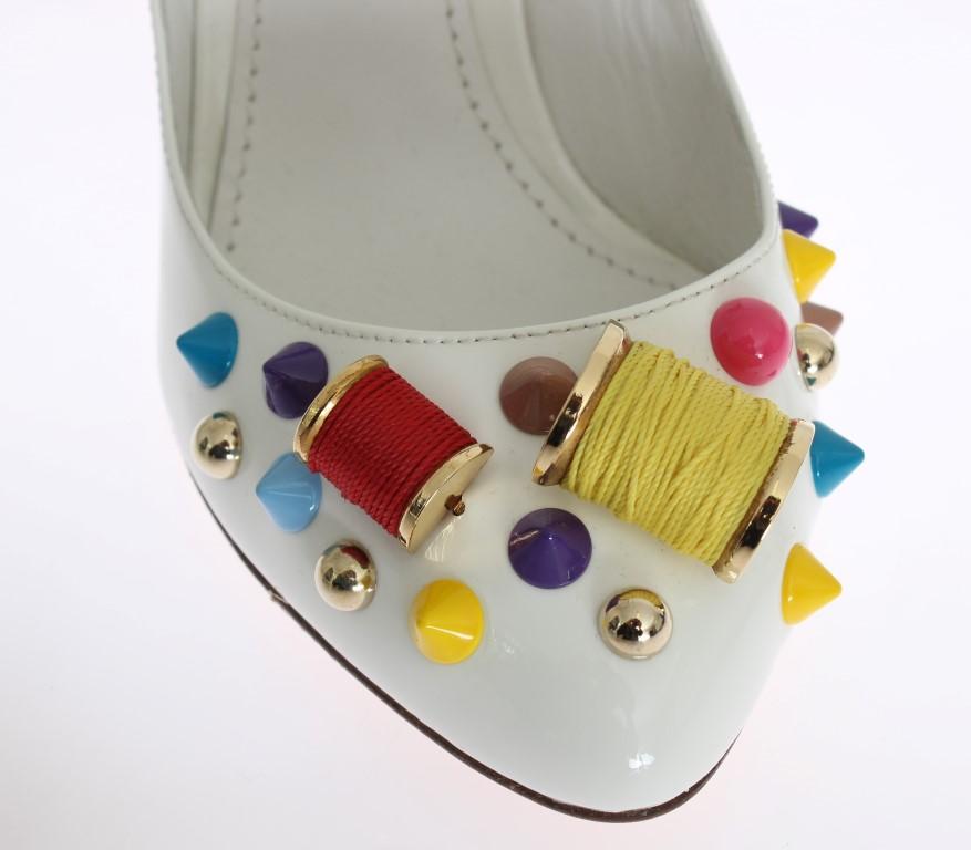 White Leather Crystal Studded Mary Janes Pumps