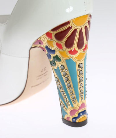 White Leather Crystal Studded Mary Janes Pumps