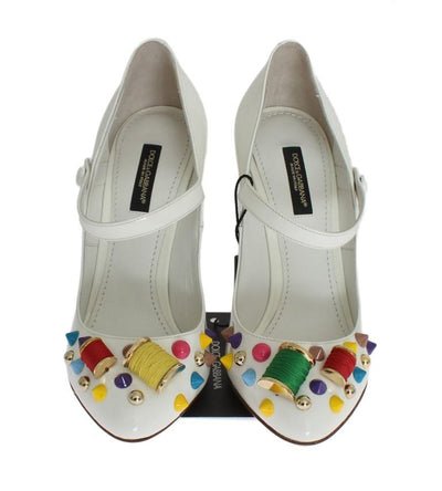White Leather Crystal Studded Mary Janes Pumps