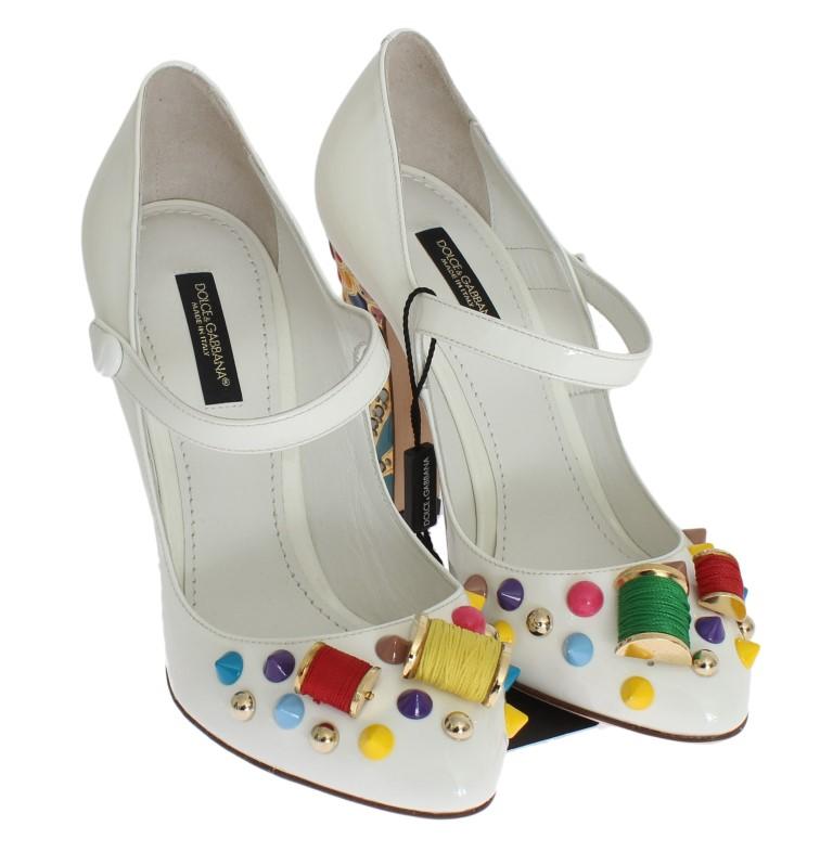White Leather Crystal Studded Mary Janes Pumps