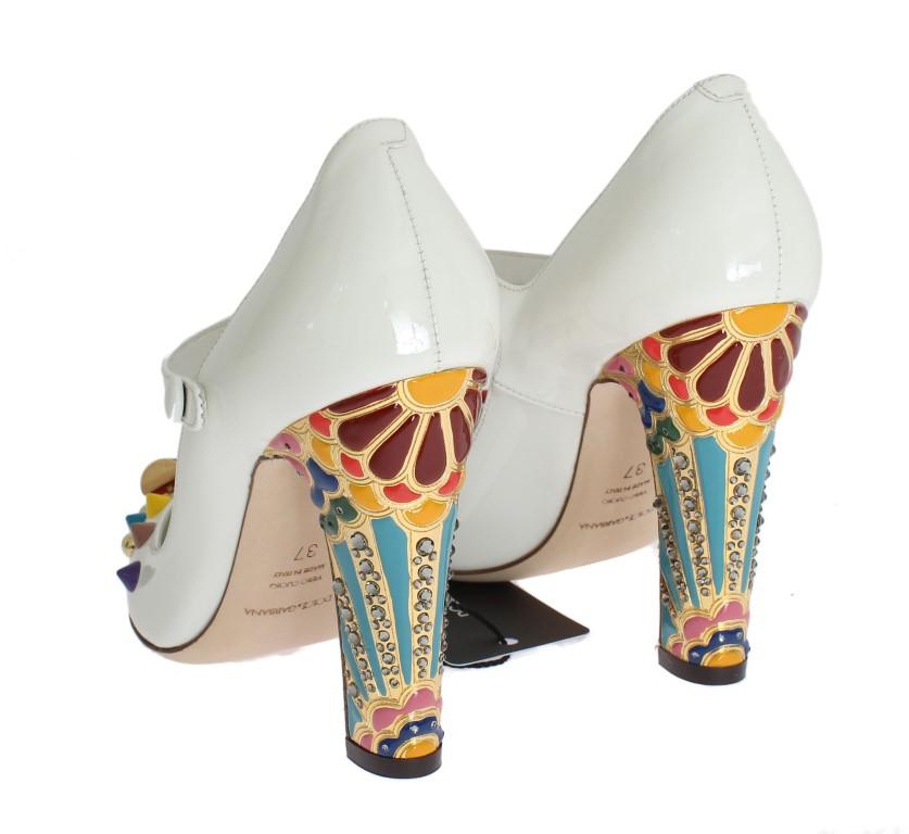 White Leather Crystal Studded Mary Janes Pumps