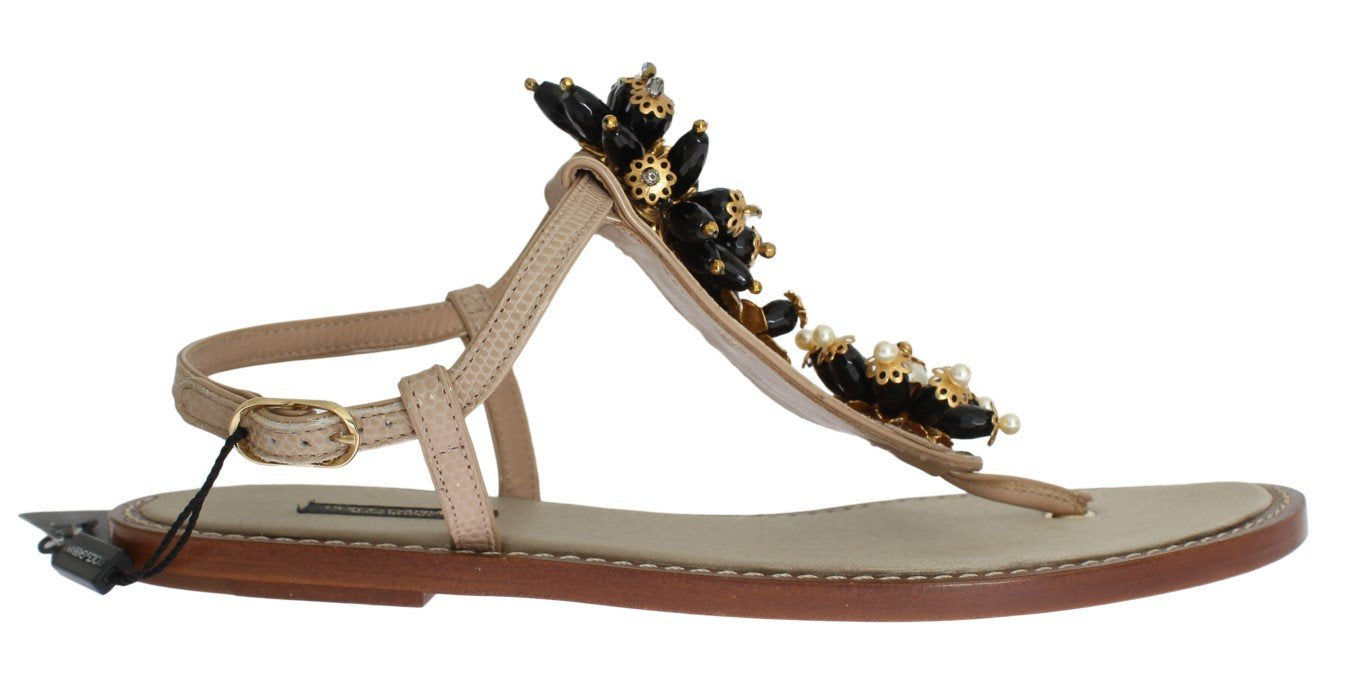 Beige Leather Crystal Floral Sandals