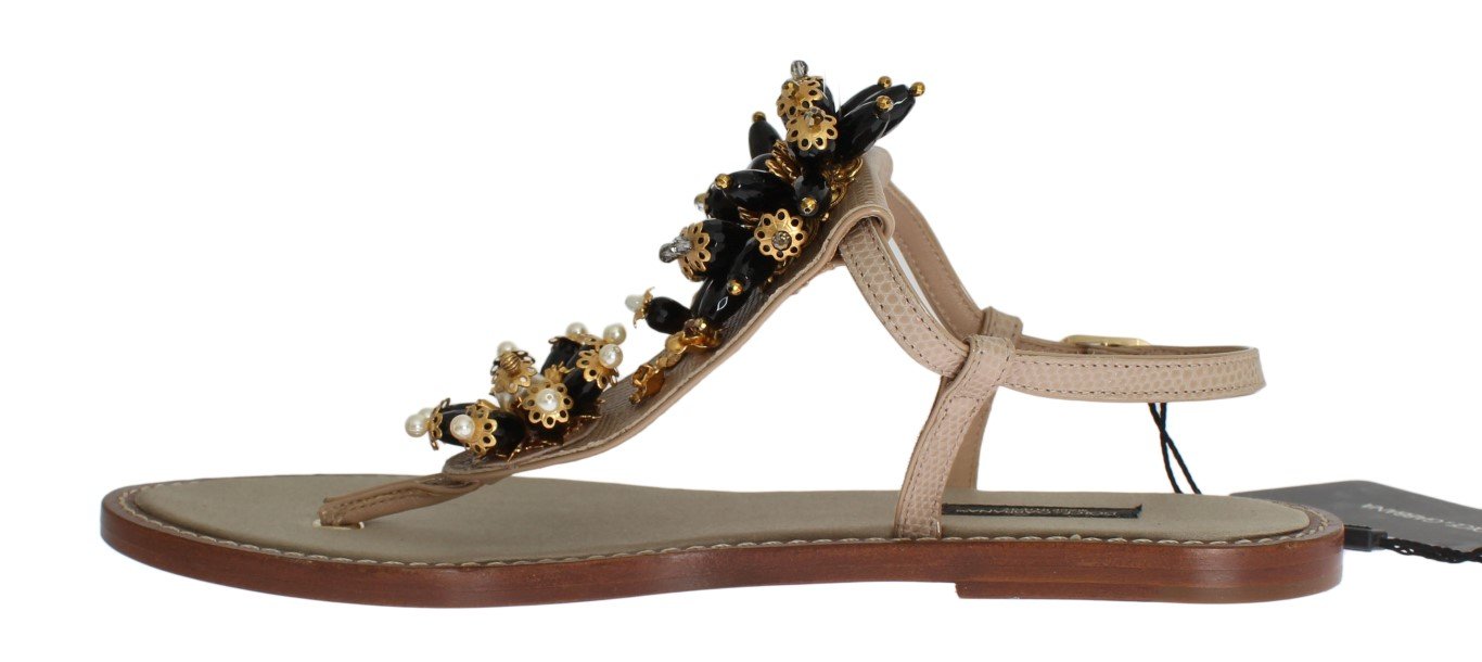 Beige Leather Crystal Floral Sandals