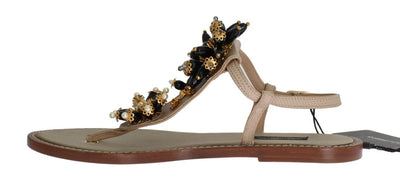 Beige Leather Crystal Floral Sandals
